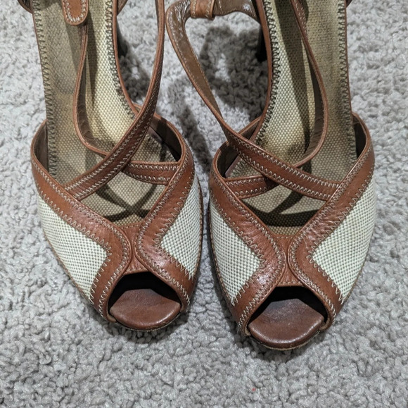 Burberry Heels Size 38.5 Brown and Tan Leather & Linen Classy Peep toe Heels - Picture 6 of 9